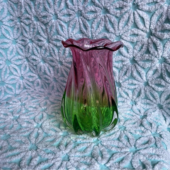 Vintage Teleflora vase hand blown glass ruffle watermelon art glass vase - Picture 5 of 5